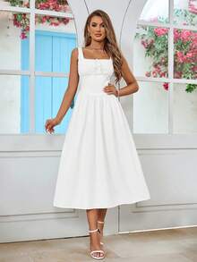 PARTHEA Women Plain White Square Neck Tie Back Shirred Ruched Sundress - White - View 2