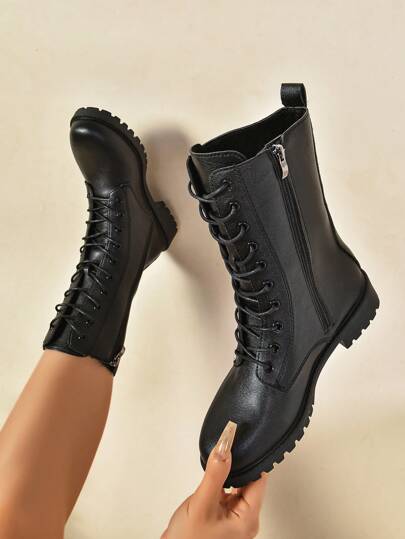 Botas Versáteis de Cano Médio/Tornozelo/Montaria com Cadarços Moda Feminina, Botas de Motociclista, Botas Curtas, Botas Antiderrapantes de Cano Alto, Botas Casuais e Confortáveis com Zíper Lateral para Uso Externo, Botas Pretas de Ciclismo Externo, Botas de Outono/Inverno, Botas Over-The-Knee