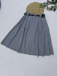 Midi Skirt With Belt And Pocket - 淺灰色 - 查看 3