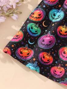 Jong meisje pompoen print kapmouw casual jurk, Halloween