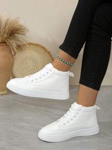 Women Fashion Comfortable Round Toe Lace-Up High Top White Casual Sneakers - White - View 6