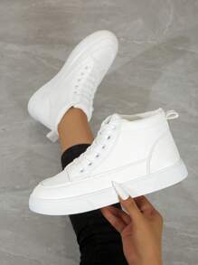 Women Fashion Comfortable Round Toe Lace-Up High Top White Casual Sneakers - White - View 2