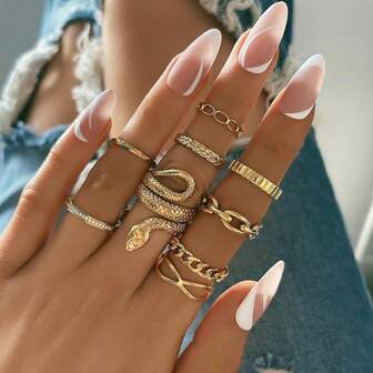 9pcs/8pcs/7pcs/6pcs/22pcs Set Creative Metal Owl/Heart Pearl Butterfly/Skull Chain Asymmetrical Geometric Snake Ring Set