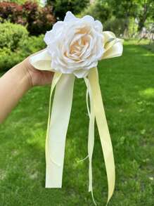 1入婚車後視鏡門把手裝飾花，蝴蝶結和繡帶桉葉玫瑰車上花，婚禮通道椅子裝飾花，草地婚禮場景座位和靠背花，婚車裝飾仿真玫瑰賽車隊裝飾花 - 彩色 - 查看 5