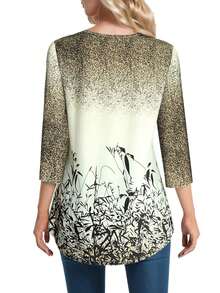 Women's Floral Print Casual Tops Blouse 3/4 Sleeve Buttons T Shirts - 墨綠色 - 查看 2