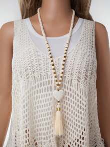 女士简约木珠、绿松石和流苏吊坠项链、时尚配饰 - 彩色 - 查看 11