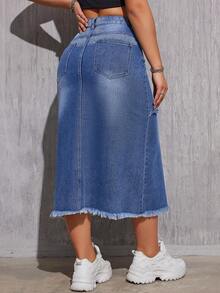 Váy denim tua rua thời trang thanh lịch bất đối xứng dành cho nữ, dài đến đầu gối - Rửa trung bình - Xem 2