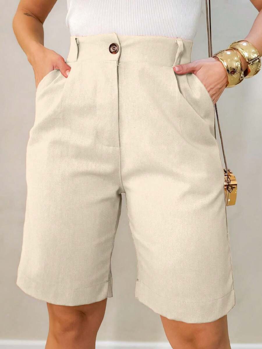 Linen Shorts /With Central Button /Side Pockets /Cod 190. - 杏色 - 查看 1