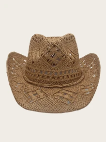 1 pieza Sombrero de paja estilo occidental vaquero hueco vintage elegante casual bohemio a cuadros unisex, sombrero de Panamá de protección solar de verano, sombrero de vaquera