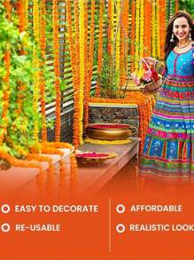 1pc Fabric Artificial Marigold Garland, 60 Inch Hanging Decoration For Day Of The Dead Festival, Party, Wedding, Yard - Durable, Realistic, Reusable Outdoor Decoration - Multicolor - View 3
