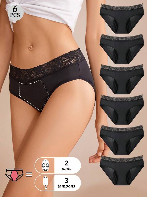 6pcs Absorbent Plain Color Panties, Women Low Waist Comfortable Elastic Intimate Underwear For Menstrual Leakage