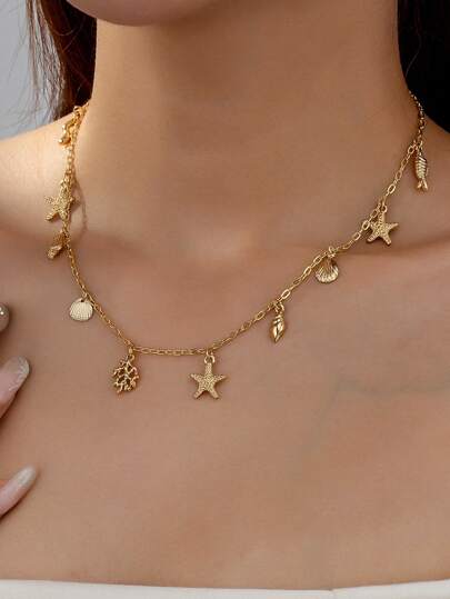 1件金色沙滩贝壳、海星、鱼、珊瑚多吊坠项链，女士沙滩项链