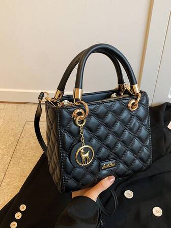 Handväska med stor kapacitet för kvinnor, lyxig kvinnlig väska, svart färg broderi Rhombus mönster Crossbody väska, Trendig väska för kvinnor Elegant