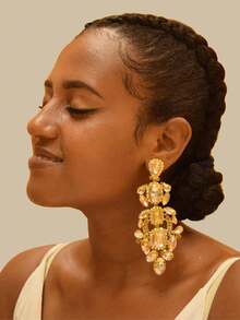 1 对夸张 12 厘米香槟金耳环，适合女士，水钻，婚礼珠宝，派对礼物，超大尺寸 - 香檳色 - 查看 6