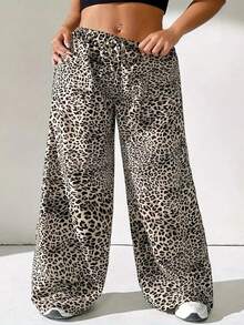 Plus Size Leopard Print Lace-Up Front Loose Casual Long Pants - Multicolor - View 2