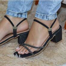Women's Square Block Heel Sandal Straps Rhinestones Glitter Adjustment Party - 黑色 - 查看 2