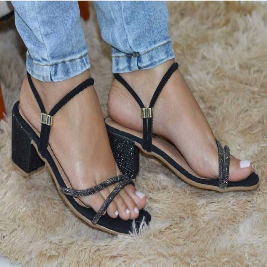 Women's Square Block Heel Sandal Straps Rhinestones Glitter Adjustment Party - 黑色 - 查看 1