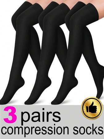 3 Pairs Women Thigh High Compression Socks, Over Knee Length Socks Lightweight Casual Sports Low Pressure Socks For Gym Fitness Running Cycling, Cozy