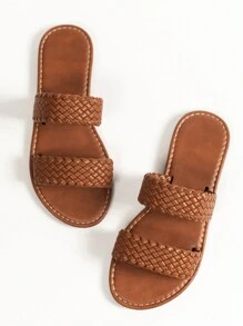 寬鬆版型女士休閒時尚多功能純色編織平底涼鞋，耐用且輕便，棕色PU夏季戶外涼鞋 - 棕色 - 查看 1