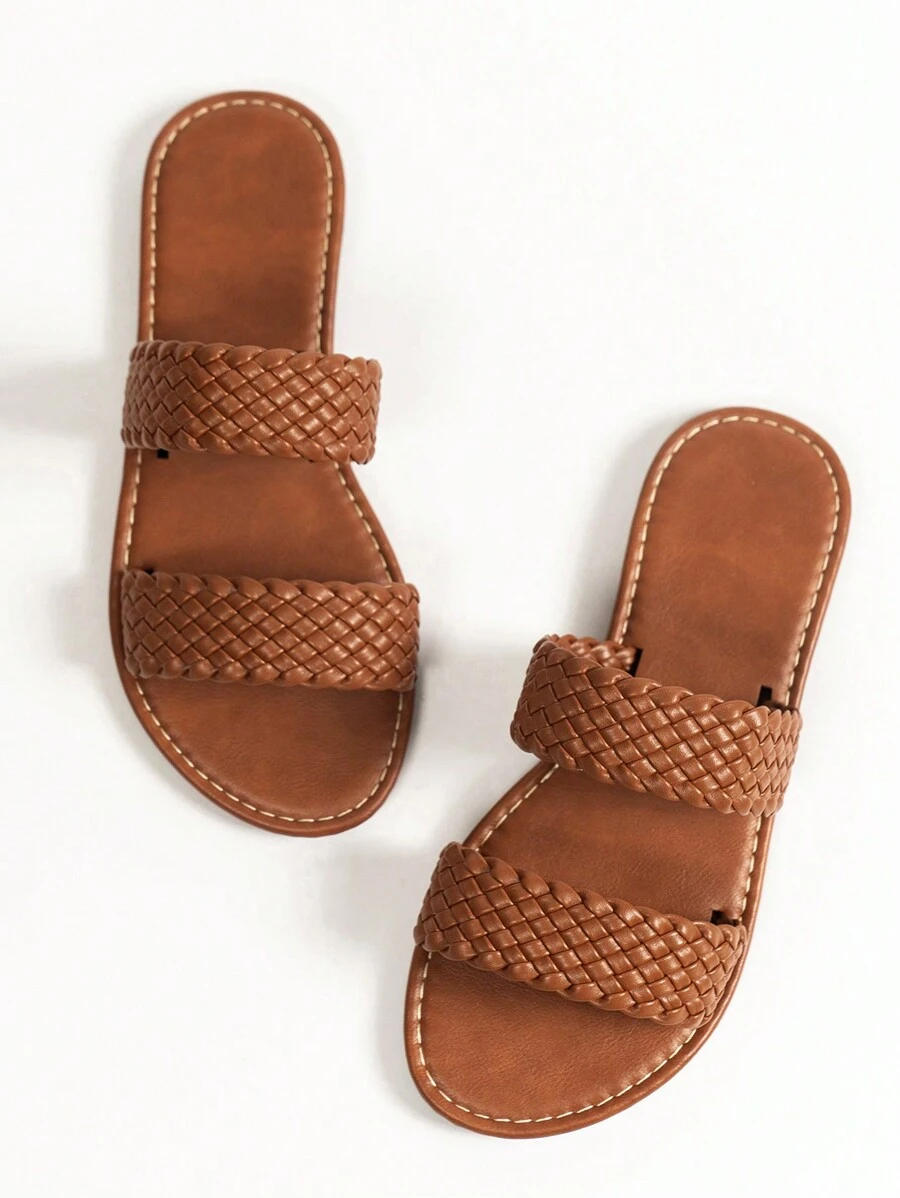 寬鬆版型女士休閒時尚多功能純色編織平底涼鞋，耐用且輕便，棕色PU夏季戶外涼鞋 - 棕色 - 查看 1