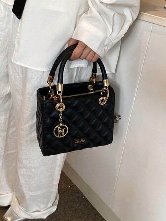 女士大容量手提包，奢华女包，黑色刺绣菱形图案斜挎包，时尚女士包包优雅