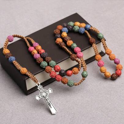 Colored Cross & Rose Necklace, Catholic Prayer Beads Best Gifts Birthday Graduation Home Decor Christmas Decorations Room Decor Christmas