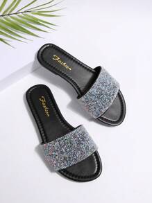 Sandales plates d'été pour femmes, glissières à talon bas  avec décorations de strass sur le bout rond, confortables, chaussures mules à enfiler. Sandales décontractées marron, sandales élégantes pour vacances en bleu