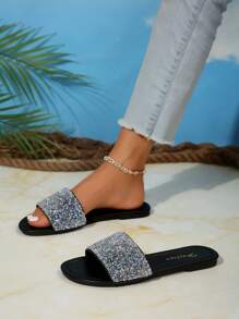 Sandales plates d'été pour femmes, glissières à talon bas  avec décorations de strass sur le bout rond, confortables, chaussures mules à enfiler. Sandales décontractées marron, sandales élégantes pour vacances en bleu