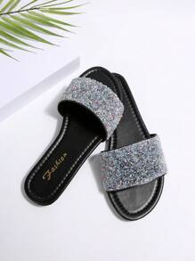 Sandales plates d'été pour femmes, glissières à talon bas  avec décorations de strass sur le bout rond, confortables, chaussures mules à enfiler. Sandales décontractées marron, sandales élégantes pour vacances en bleu