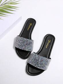 Sandales plates d'été pour femmes, glissières à talon bas  avec décorations de strass sur le bout rond, confortables, chaussures mules à enfiler. Sandales décontractées marron, sandales élégantes pour vacances en bleu
