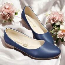 Flats Para Dama Balerina de Piel Sintetica Liso Zapatos de Varios Colores - Azul Marino - Ver 1