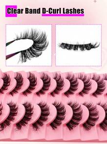 10对透明柄俄罗斯假睫毛，D卷翘度，精致自然，16毫米卷翘仿貂毛睫毛，宛如貂毛嫁接，蓬松透明柄，打造猫眼妆效，加长睫毛末端，条状假睫毛 - 黑色 - 查看 8