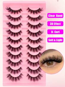 10对透明柄俄罗斯假睫毛，D卷翘度，精致自然，16毫米卷翘仿貂毛睫毛，宛如貂毛嫁接，蓬松透明柄，打造猫眼妆效，加长睫毛末端，条状假睫毛 - 黑色 - 查看 3