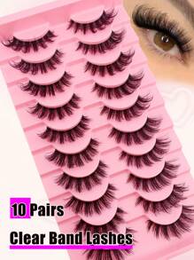 10对透明柄俄罗斯假睫毛，D卷翘度，精致自然，16毫米卷翘仿貂毛睫毛，宛如貂毛嫁接，蓬松透明柄，打造猫眼妆效，加长睫毛末端，条状假睫毛 - 黑色 - 查看 4