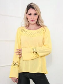 Women's Plain Long Sleeve Shirt With Lace Detail - 黃色 - 查看 3