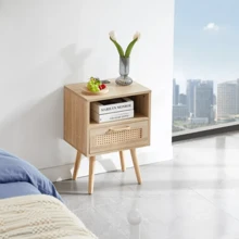 15.75" Rattan End Table With Power Outlet & USB Ports , Modern Nightstand With Drawer And Solid Wood Legs, Side Table For Living Room, Bedroom - 棕色 - 查看 2