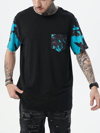 Men's Tropical Floral Print  T- Shirts Summer Casual Front Pocket Short Sleeve Tee Shirts