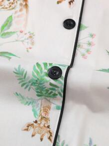 Giraffe Printed Women's Pajama Set, Featuring Short Sleeve Shirt With Lapel Collar And Loose Elastic Shorts, Casual Women's Sleepwear And Loungewear - 杏色 - 查看 8