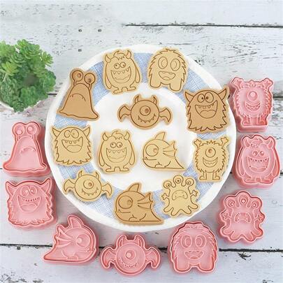 Set de 8 moldes de galletas de Halloween con diseños de monstruos de dibujos animados, moldes de galletas de Halloween con relieve 3D en forma de cíclopes y otros monstruos, herramientas de prensado para decoración, fiestas y hogar de Halloween