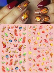 5D 浮雕热销红黄枫叶指甲贴纸秋季主题花朵玫瑰贴花指甲艺术装饰美甲 - 彩色 - 查看 4