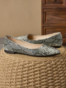 女士尖头平底一脚蹬蛇皮休闲乐福鞋，深灰色，适合春夏秋季 - 深灰色 - 查看 4