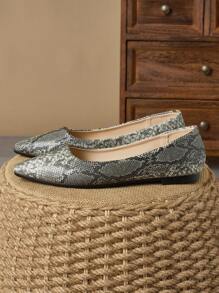 女士尖头平底一脚蹬蛇皮休闲乐福鞋，深灰色，适合春夏秋季 - 深灰色 - 查看 6