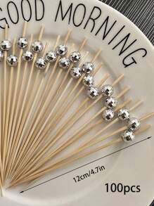 100pcs Disposable Mirrored Silver Ball Cocktail Picks, Bamboo Skewers For Party, Bar, Decoration, Fruit, Cake, Snack