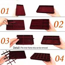1-4pcs Burgundy Velvet Jewelry Display Tray, Drawer Organizer Box For Rings, Earrings, Necklaces - Burgundy - View 6
