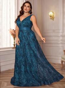 BluePlum Plus Size Women's High-Quality Sequin Embroidery Patchwork Ribbon V-Neck A-Line Elegant Formal Evening Party Gown Dress (Heavily Decor) Wedding Guest Dress - Teal Blue - View 3