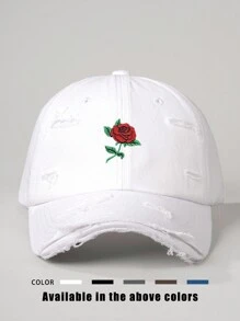 1pc Embroidered Rose Hole Distressed Baseball Cap, Adjustable Outdoor Sun Hat For Spring Autumn Travel Beach Vacation, Y2K Style For Youth Valentine's Day Valentines,Summer - Embroidery - View 1