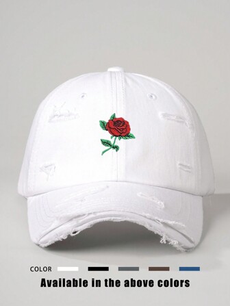 1pc Embroidered Rose Hole Distressed Baseball Cap, Adjustable Outdoor Sun Hat For Spring Autumn Travel Beach Vacation, Y2K Style For Youth Valentine's Day Valentines