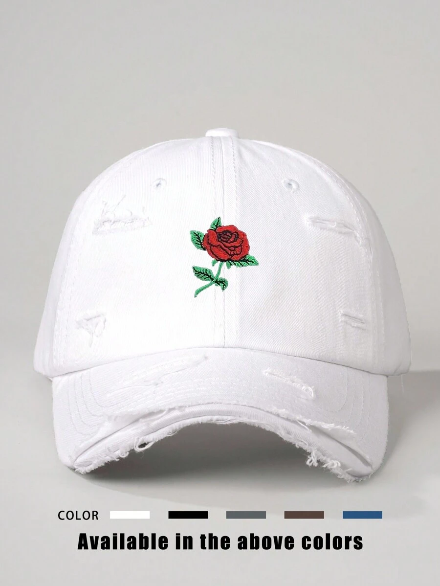 1pc Embroidered Rose Hole Distressed Baseball Cap, Adjustable Outdoor Sun Hat For Spring Autumn Travel Beach Vacation, Y2K Style For Youth Valentine's Day Valentines,Summer - Embroidery - View 1