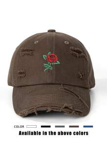 1pc Embroidered Rose Hole Distressed Baseball Cap, Adjustable Outdoor Sun Hat For Spring Autumn Travel Beach Vacation, Y2K Style For Youth Valentine's Day Valentines,Summer - Embroidery - View 3
