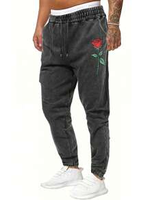 Men's Washed Rose Floral Print Casual Sports Pants - Black - View 1